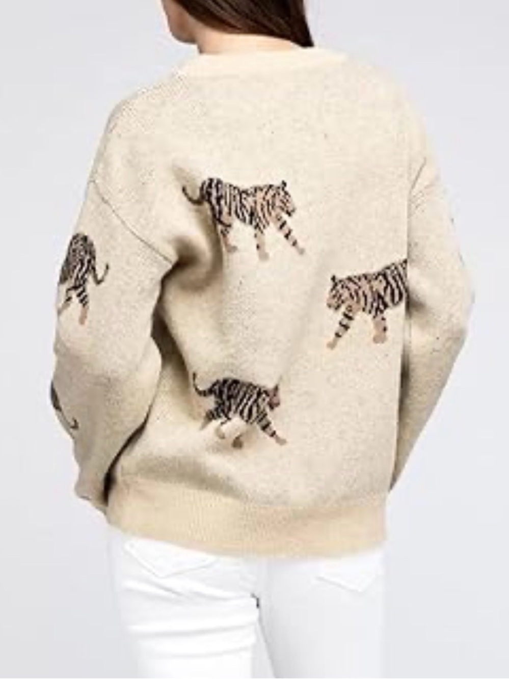 BIBI Tabitha Tiger Pattern Knit Sweater XL Oversized Casual Oatmeal/Beige - Picture 2 of 10